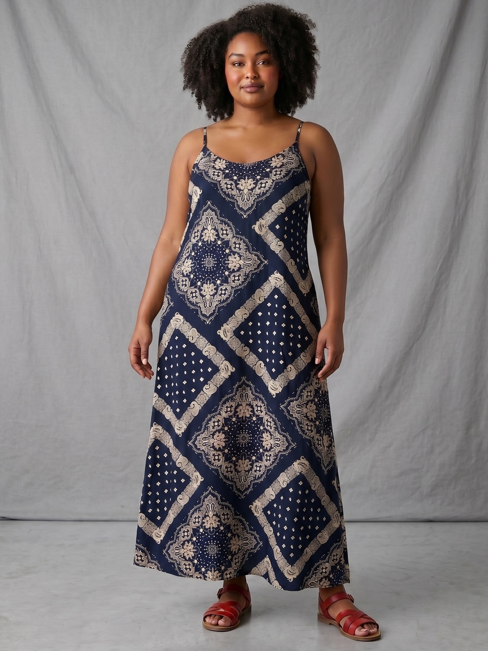 Tommy Hilfiger Blue Bandana Print Strappy Maxi Dress XL Sleeveless Cottagecore